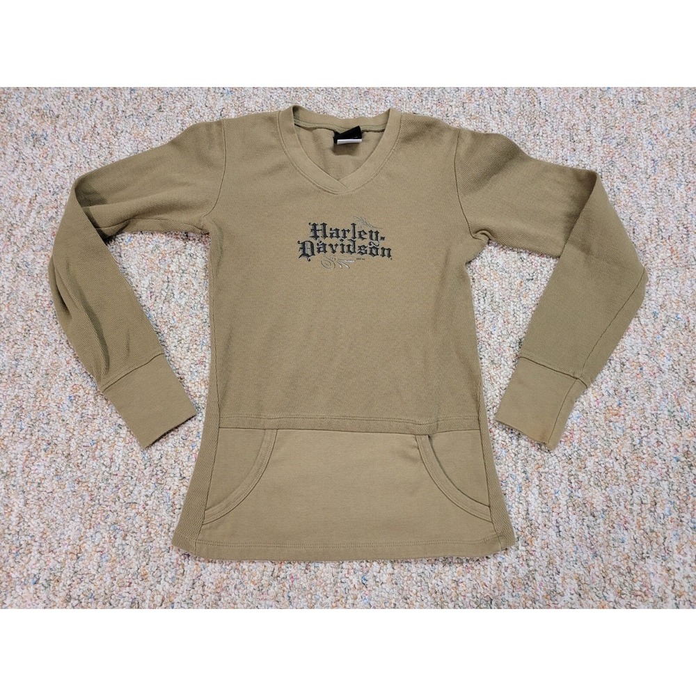 Harley Davidson Top Womens Small Tan Waffle Knit Black Hills Wing Dagger Y2K